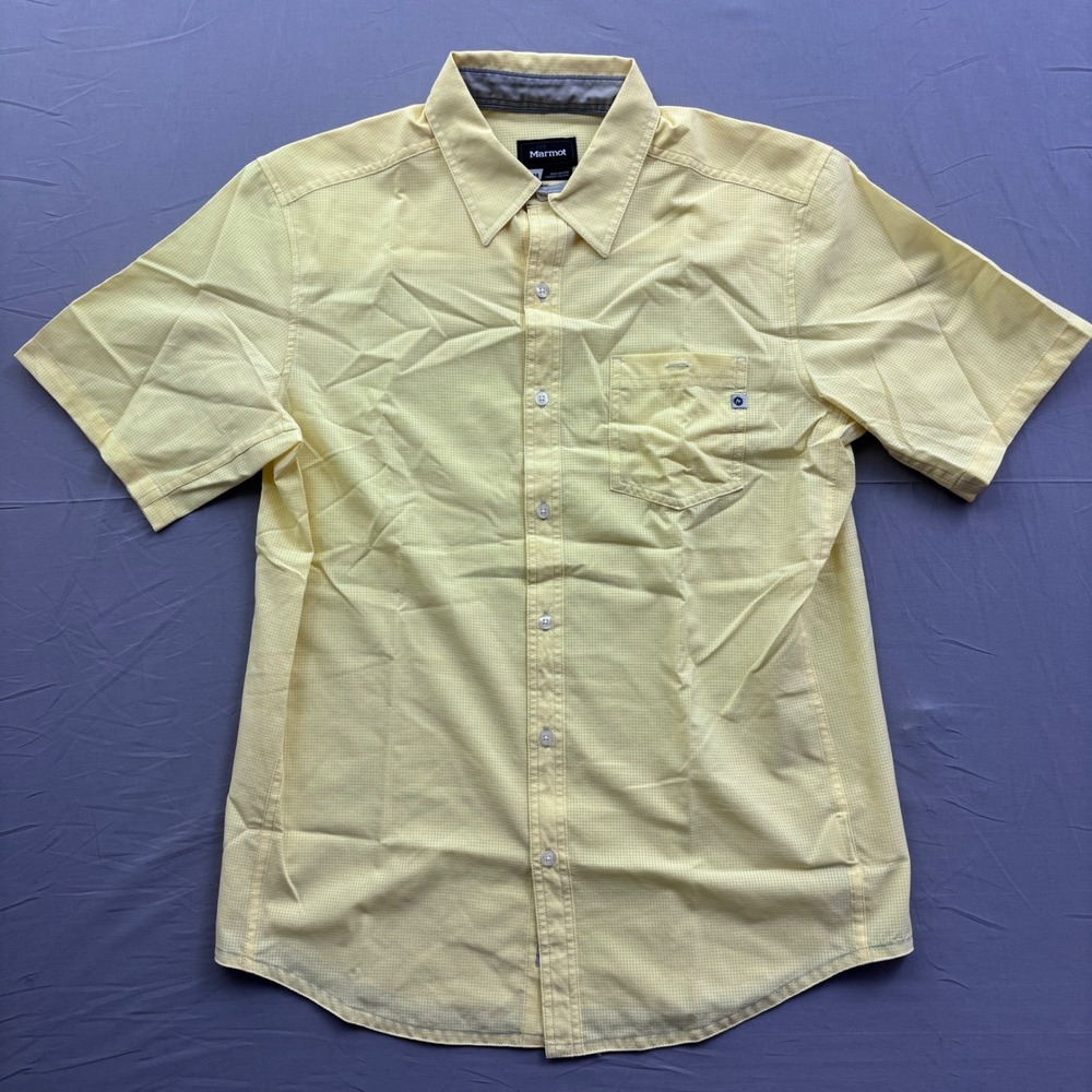 Marmot Mens Short Sleeve Button Down Shirt Yellow Grid Technical Hiking Medium